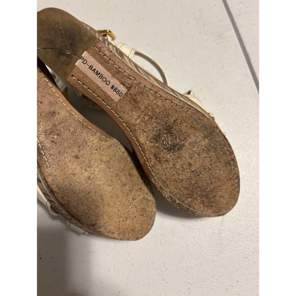 Prada Wedge Sandals 38 Beige Brown Wooden Leather Wedge Platform Slingback - Picture 11 of 12